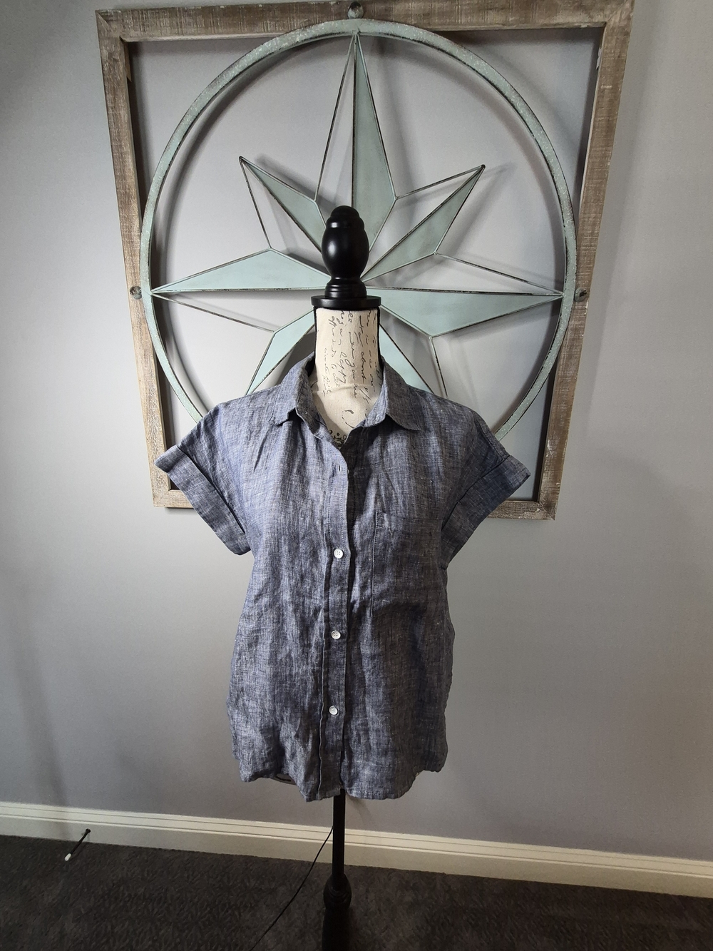 Laju Los Angeles Truda Cuffed SS Button Down Linen Shirt Blue Chambray - S